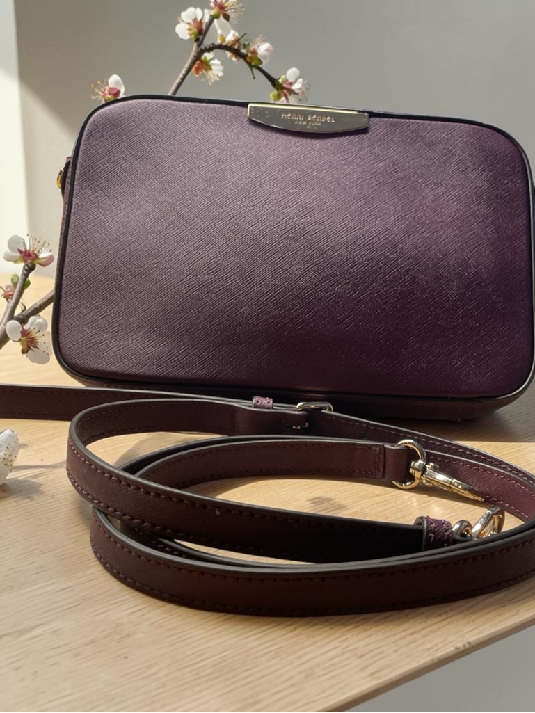 Henri Bendel Bright Peony/Eggplant Purple Saffiano Leather Crossbody Bag